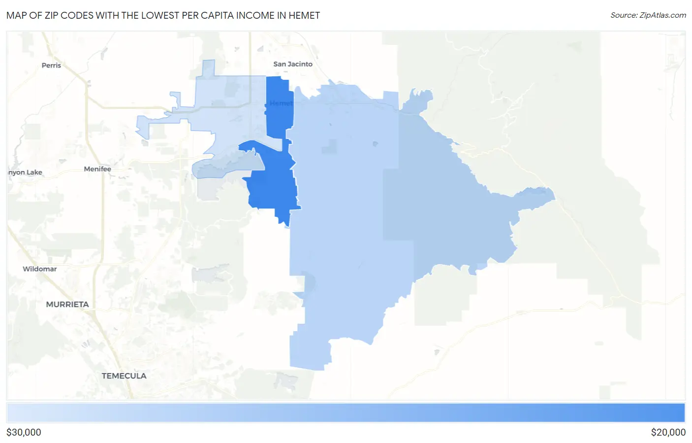 Zip Codes with the Lowest Per Capita Income in Hemet Map