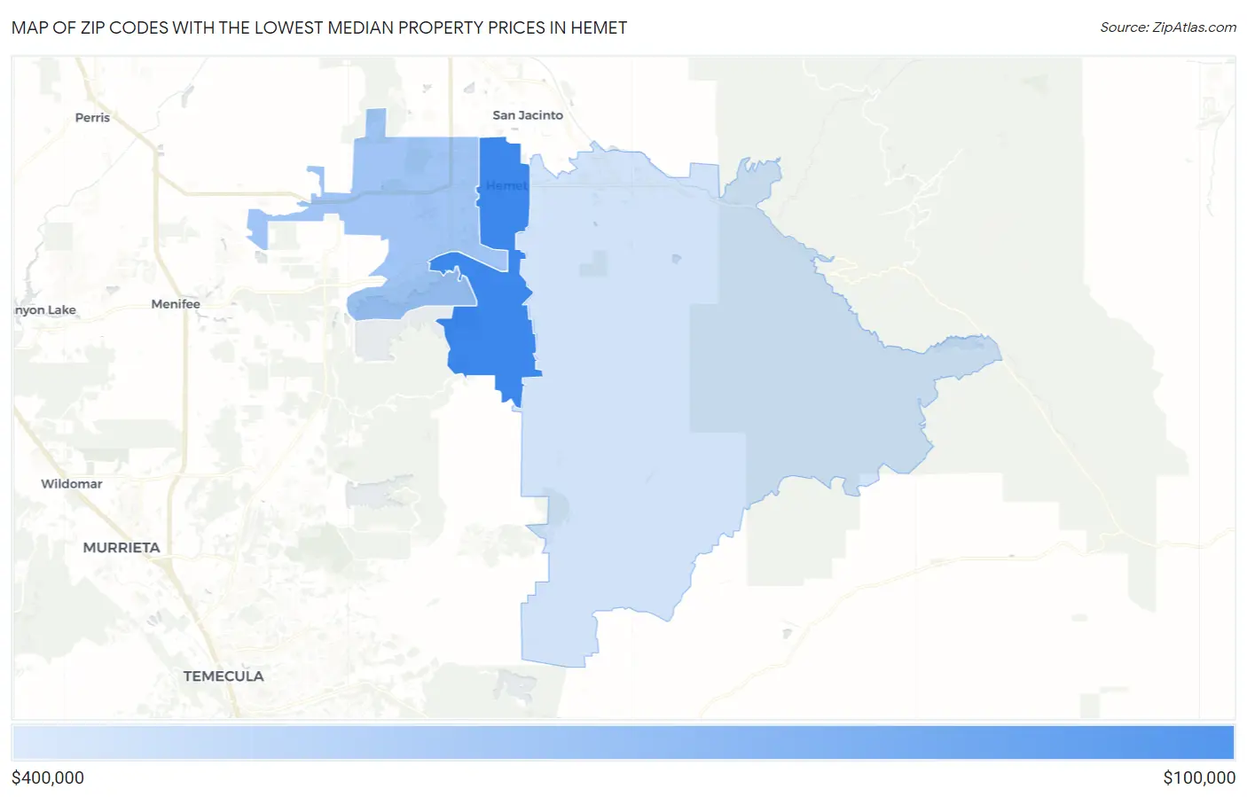 Zip Codes with the Lowest Median Property Prices in Hemet Map