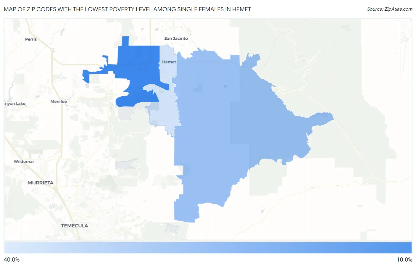 Zip Codes with the Lowest Poverty Level Among Single Females in Hemet Map