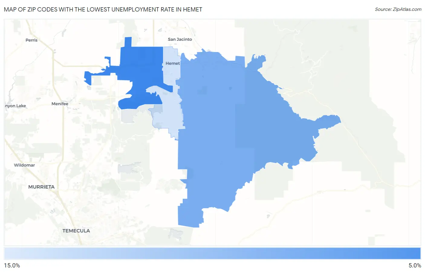 Zip Codes with the Lowest Unemployment Rate in Hemet Map