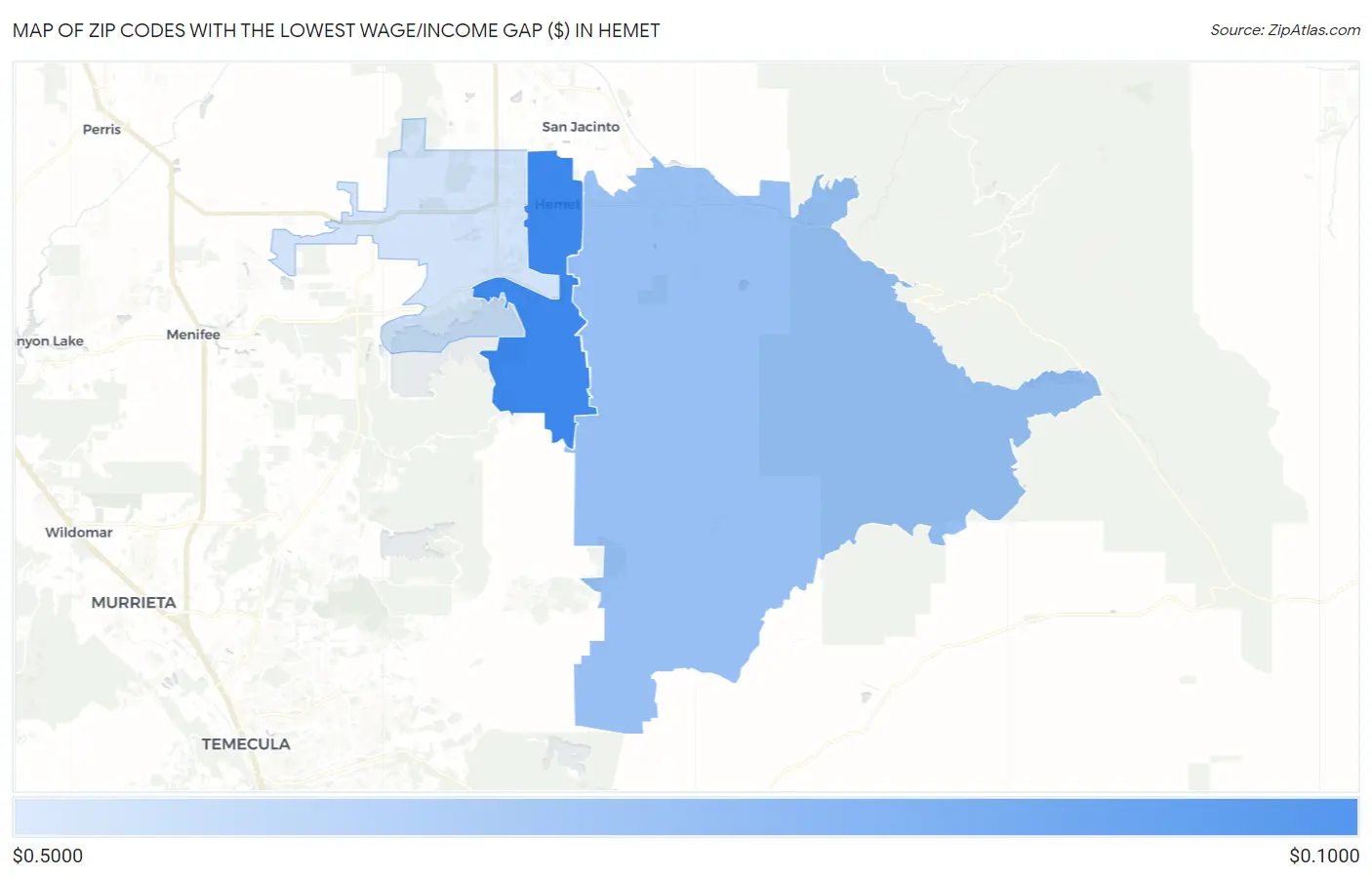 Zip Codes with the Lowest Wage/Income Gap ($) in Hemet Map