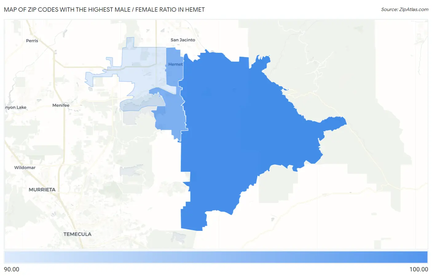 Zip Codes with the Highest Male / Female Ratio in Hemet Map