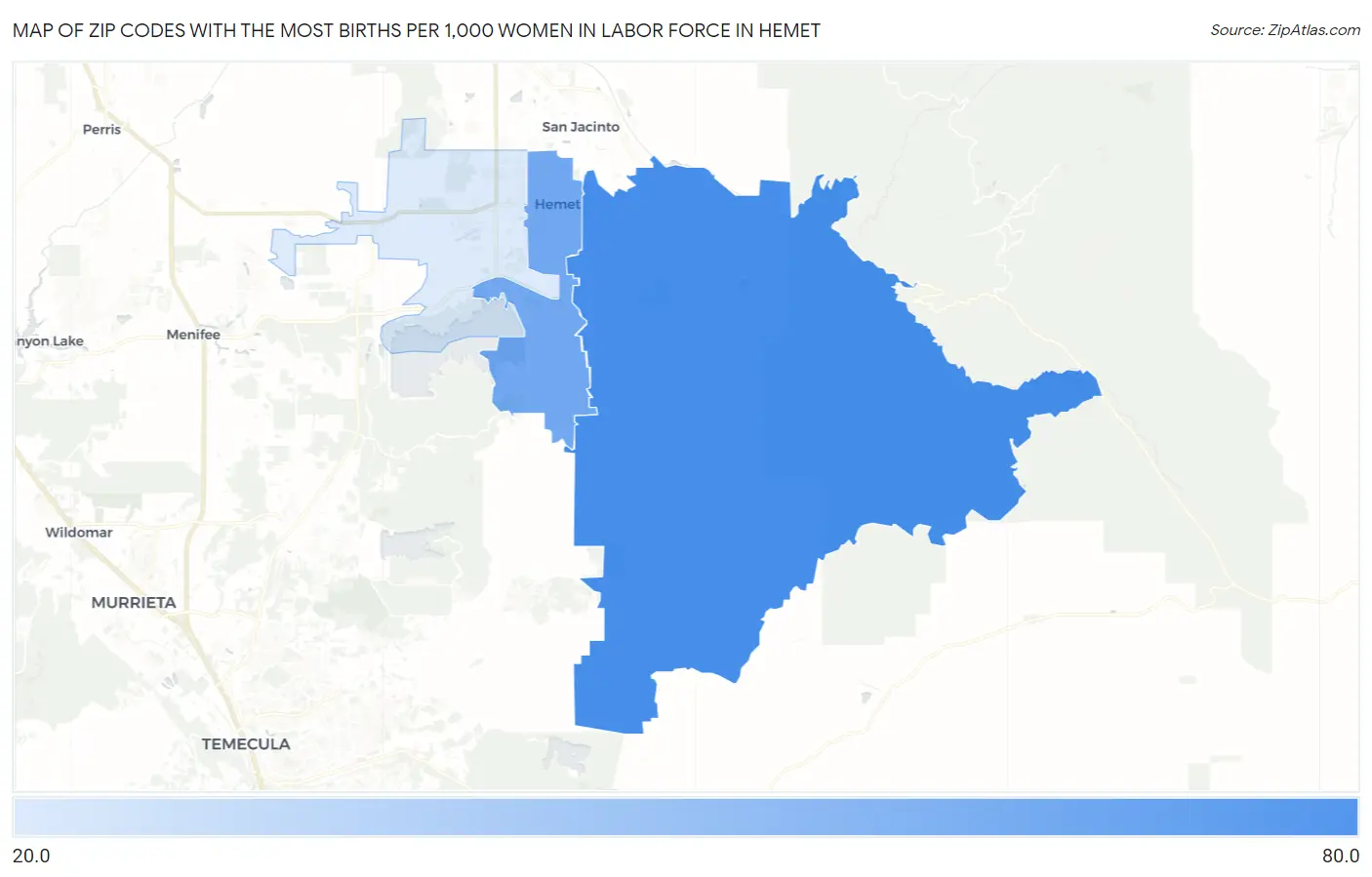 Zip Codes with the Most Births per 1,000 Women in Labor Force in Hemet Map