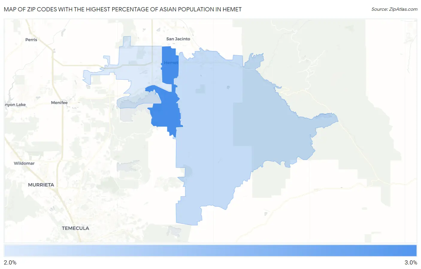 Zip Codes with the Highest Percentage of Asian Population in Hemet Map