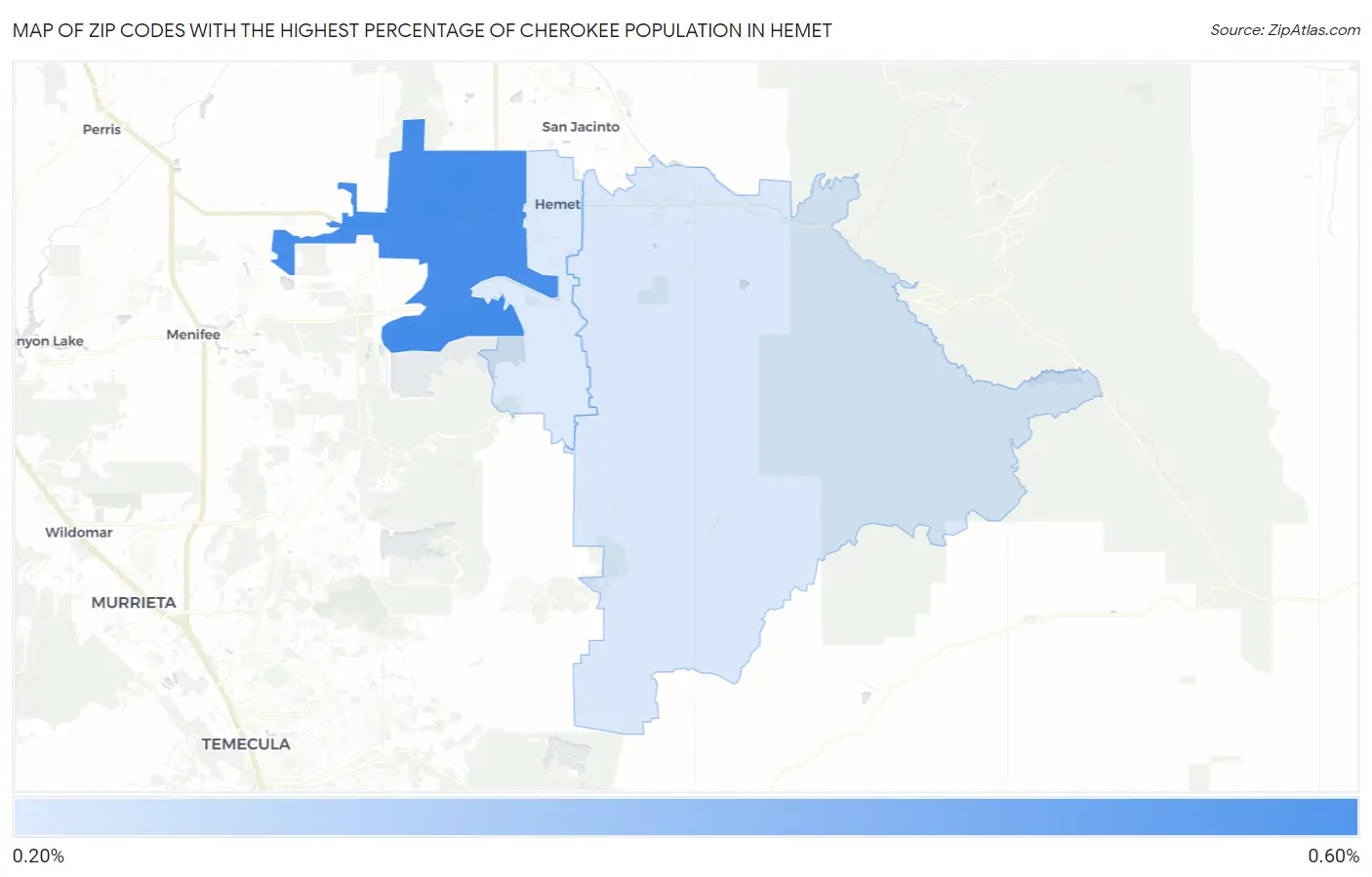 Zip Codes with the Highest Percentage of Cherokee Population in Hemet Map