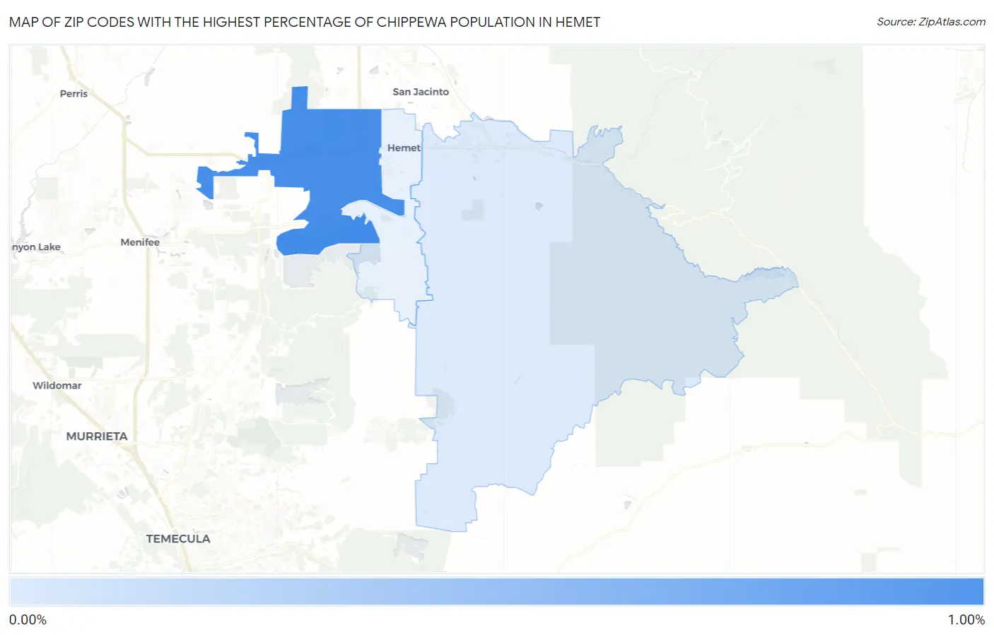 Zip Codes with the Highest Percentage of Chippewa Population in Hemet Map