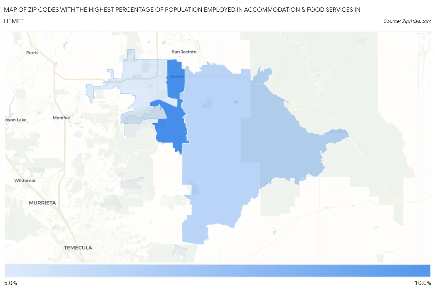 Zip Codes with the Highest Percentage of Population Employed in Accommodation & Food Services in Hemet Map
