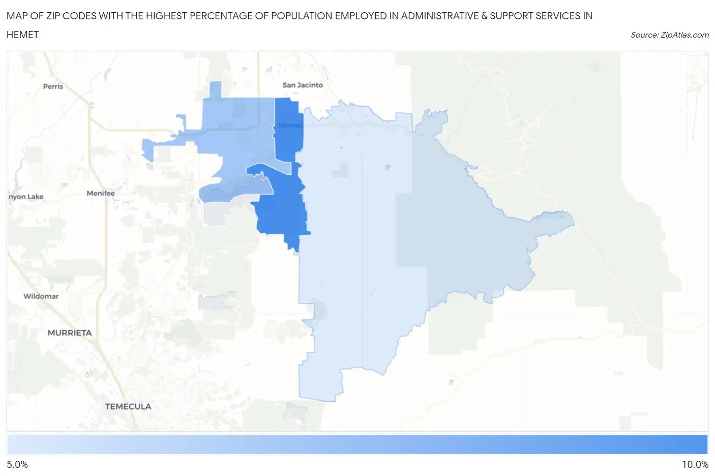 Zip Codes with the Highest Percentage of Population Employed in Administrative & Support Services in Hemet Map