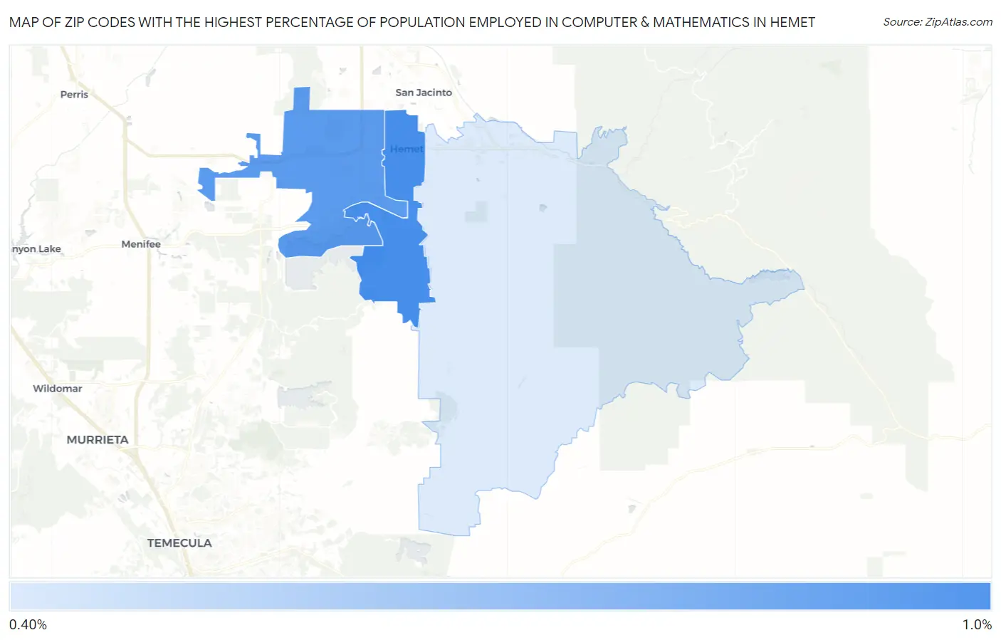 Zip Codes with the Highest Percentage of Population Employed in Computer & Mathematics in Hemet Map