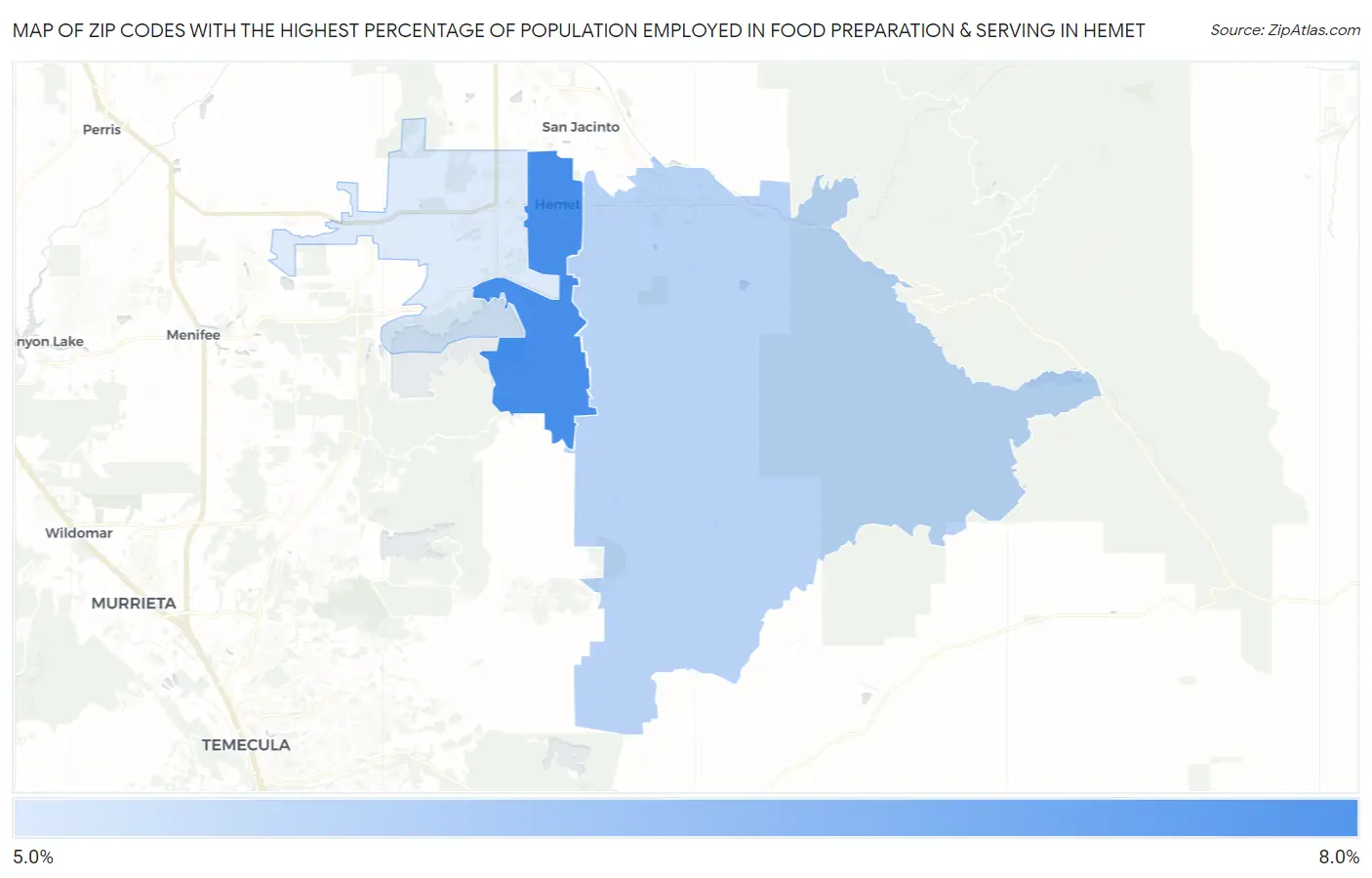 Zip Codes with the Highest Percentage of Population Employed in Food Preparation & Serving in Hemet Map