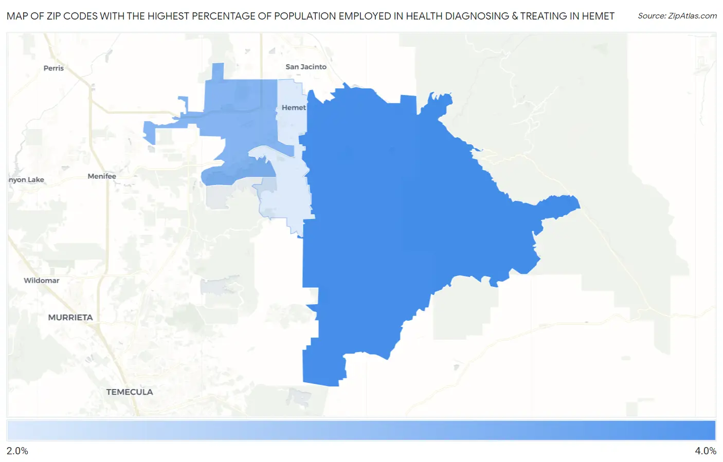 Zip Codes with the Highest Percentage of Population Employed in Health Diagnosing & Treating in Hemet Map