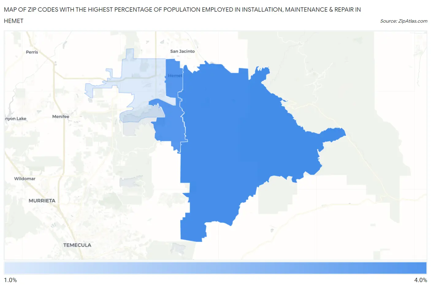 Zip Codes with the Highest Percentage of Population Employed in Installation, Maintenance & Repair in Hemet Map