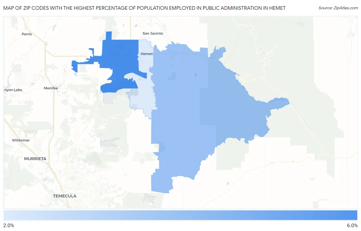 Zip Codes with the Highest Percentage of Population Employed in Public Administration in Hemet Map