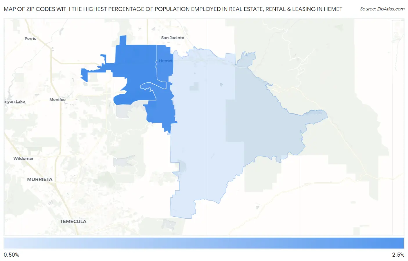 Zip Codes with the Highest Percentage of Population Employed in Real Estate, Rental & Leasing in Hemet Map