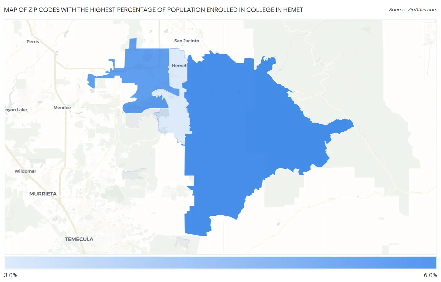 Zip Codes with the Highest Percentage of Population Enrolled in College in Hemet Map