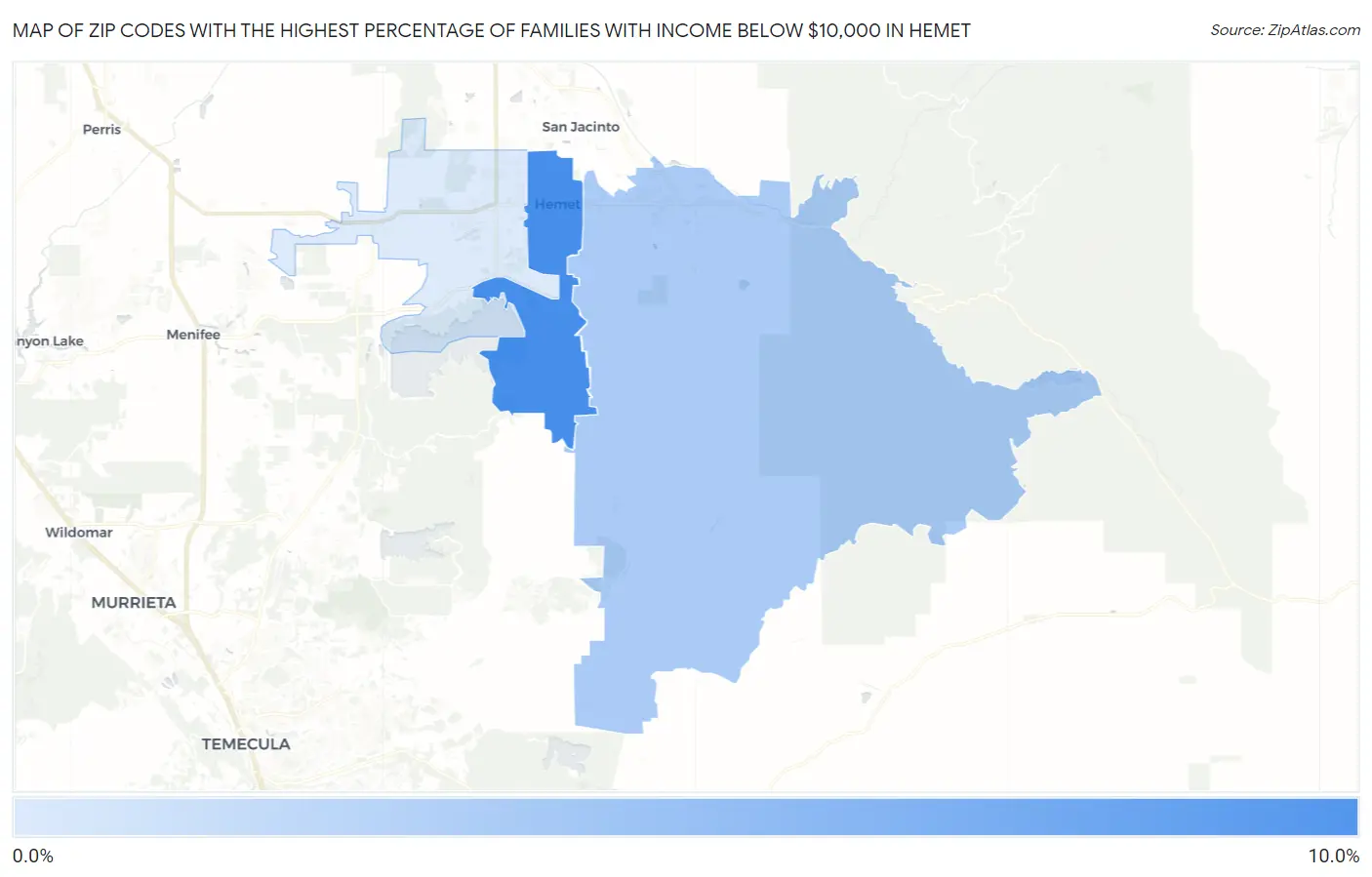 Zip Codes with the Highest Percentage of Families with Income Below $10,000 in Hemet Map