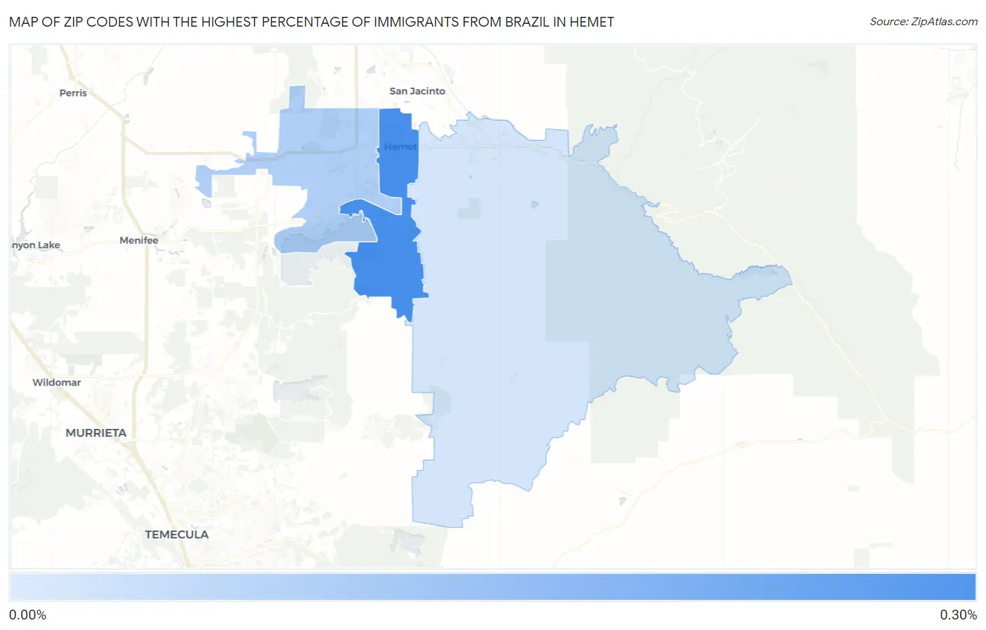 Zip Codes with the Highest Percentage of Immigrants from Brazil in Hemet Map