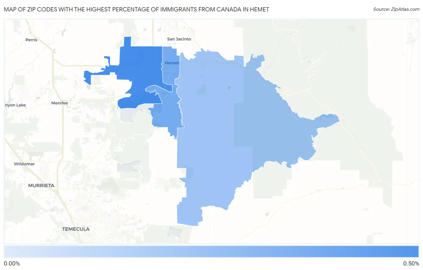 Zip Codes with the Highest Percentage of Immigrants from Canada in Hemet Map