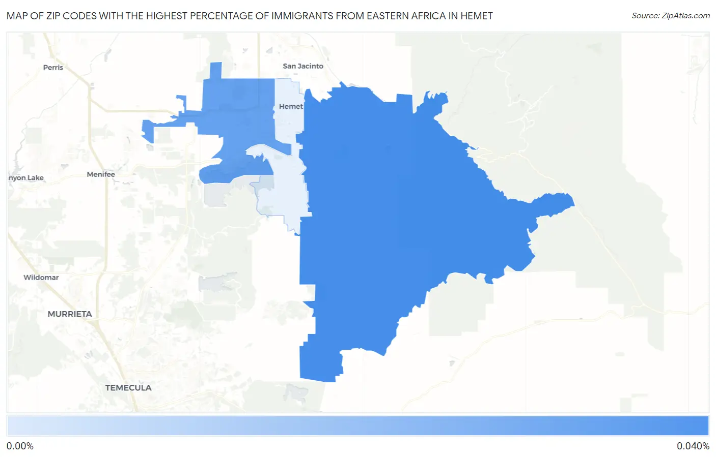 Zip Codes with the Highest Percentage of Immigrants from Eastern Africa in Hemet Map