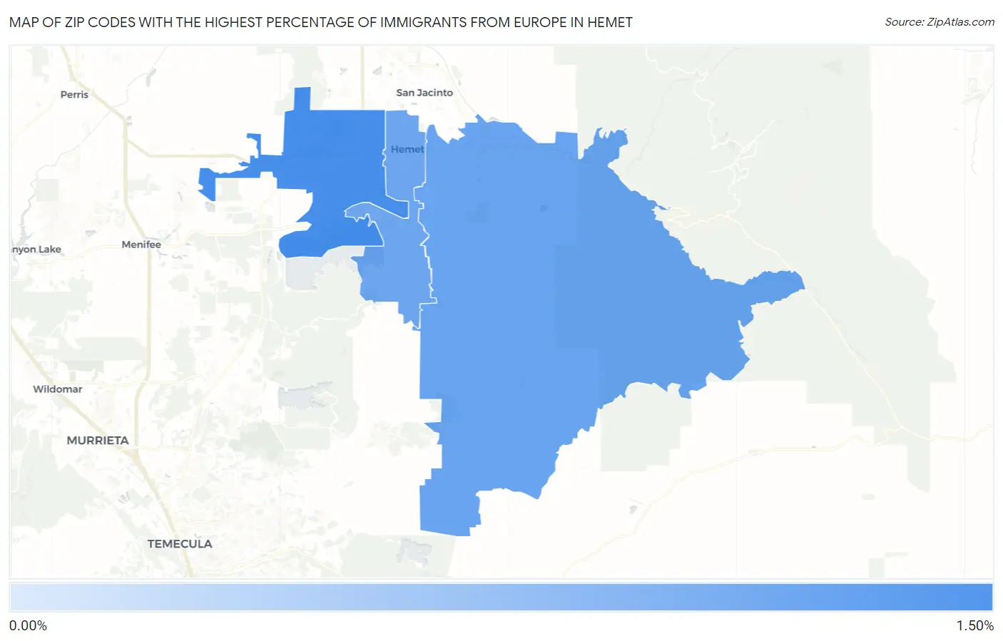 Zip Codes with the Highest Percentage of Immigrants from Europe in Hemet Map