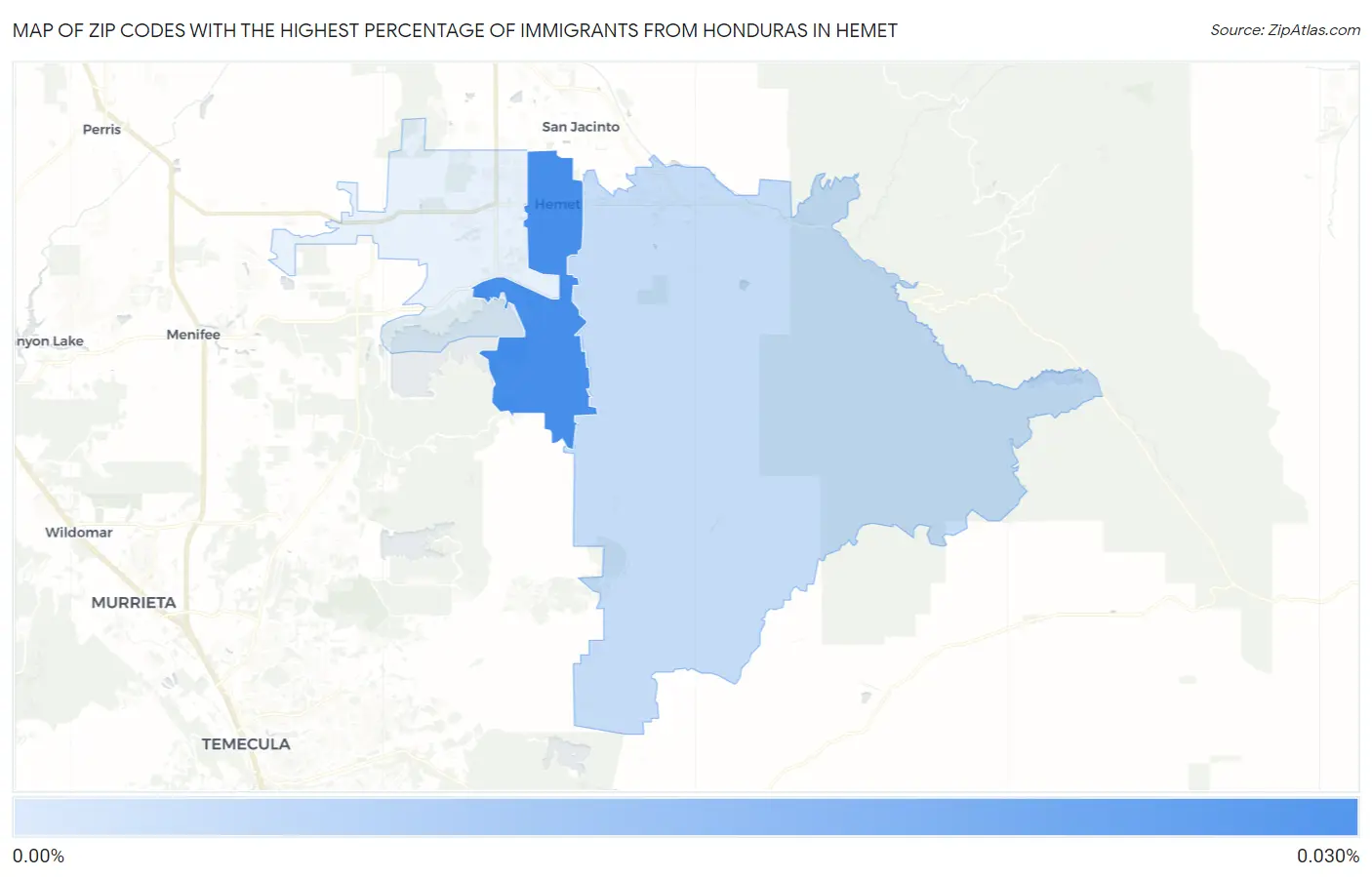 Zip Codes with the Highest Percentage of Immigrants from Honduras in Hemet Map