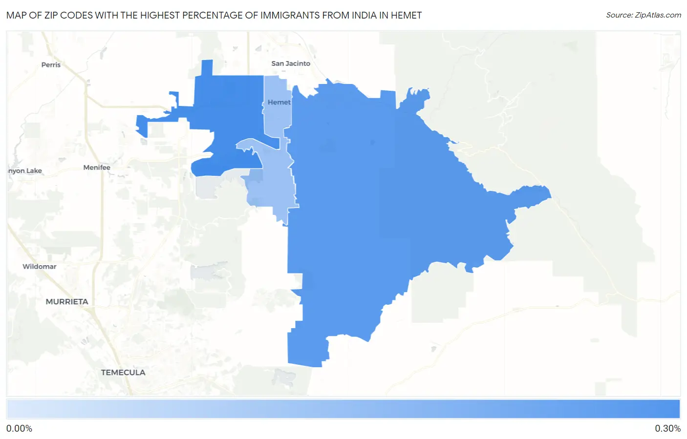 Zip Codes with the Highest Percentage of Immigrants from India in Hemet Map
