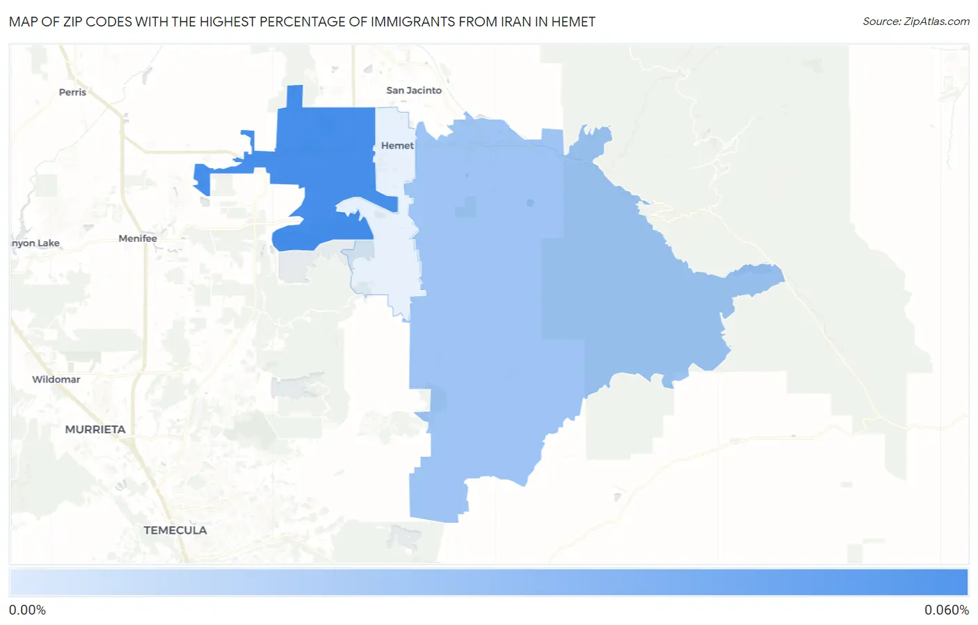 Zip Codes with the Highest Percentage of Immigrants from Iran in Hemet Map