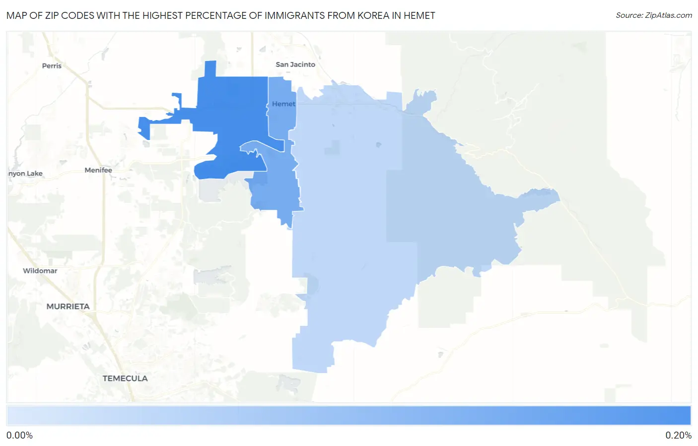 Zip Codes with the Highest Percentage of Immigrants from Korea in Hemet Map