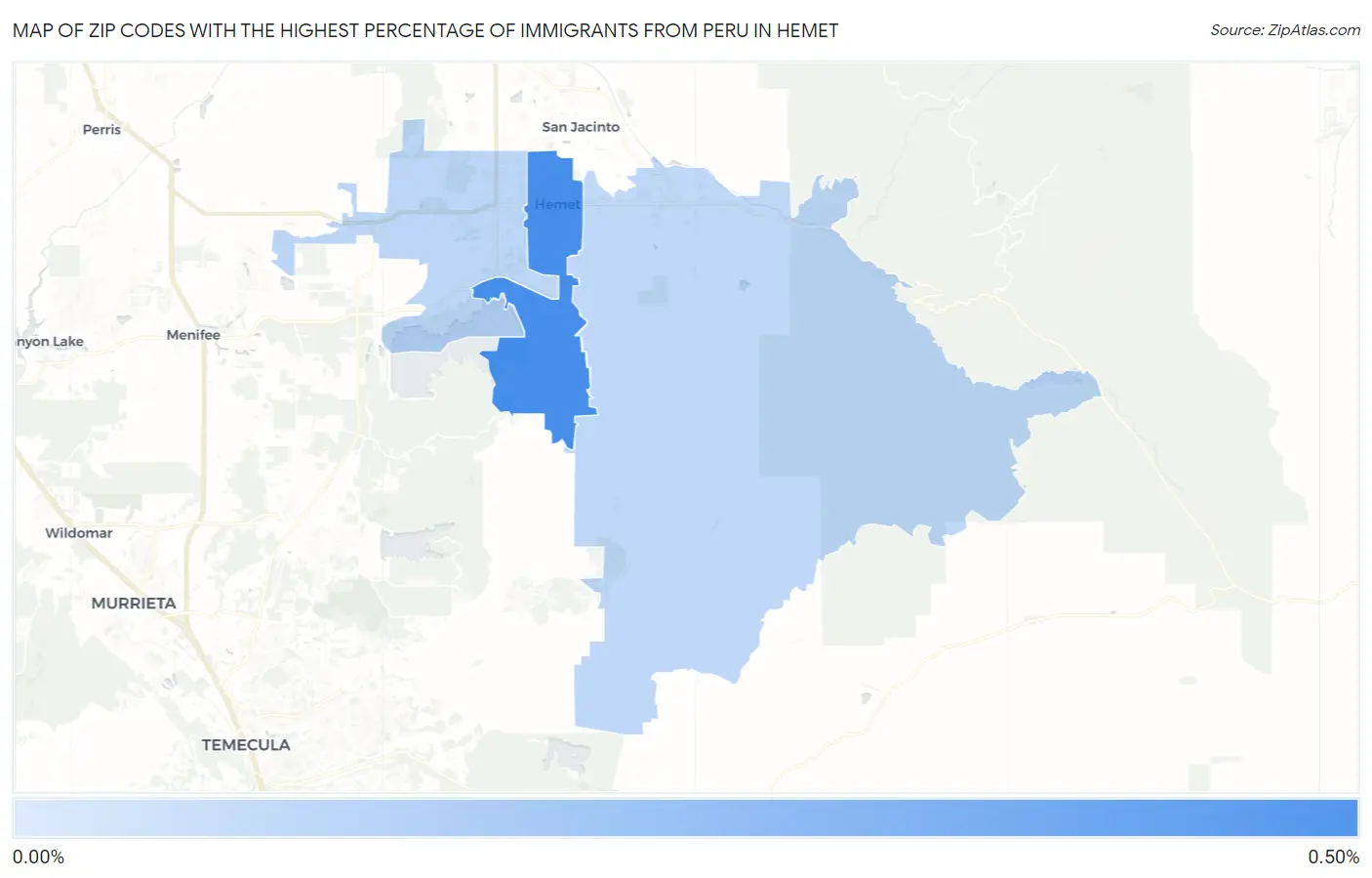 Zip Codes with the Highest Percentage of Immigrants from Peru in Hemet Map