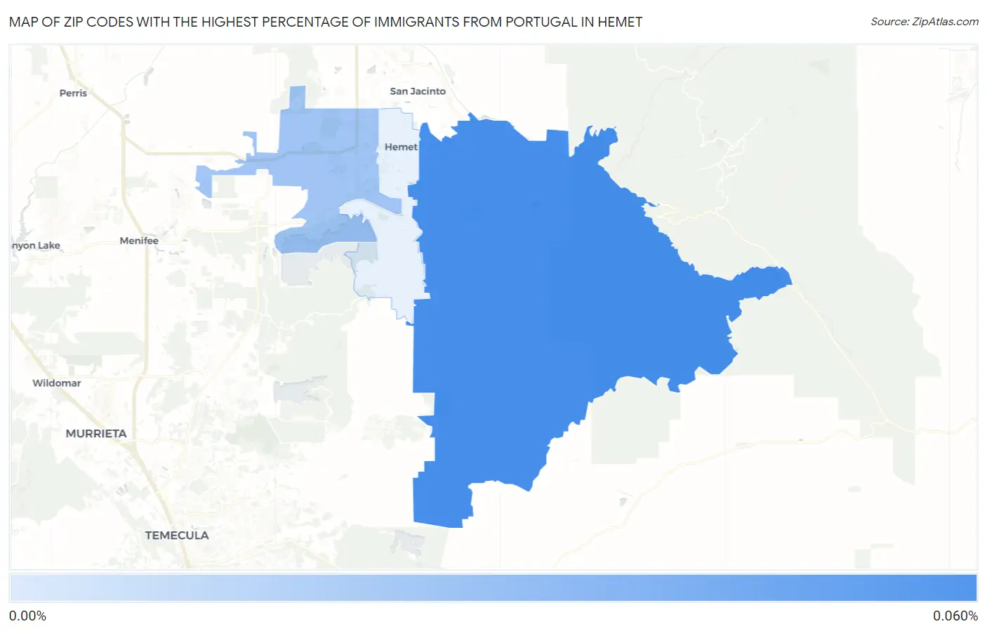 Zip Codes with the Highest Percentage of Immigrants from Portugal in Hemet Map