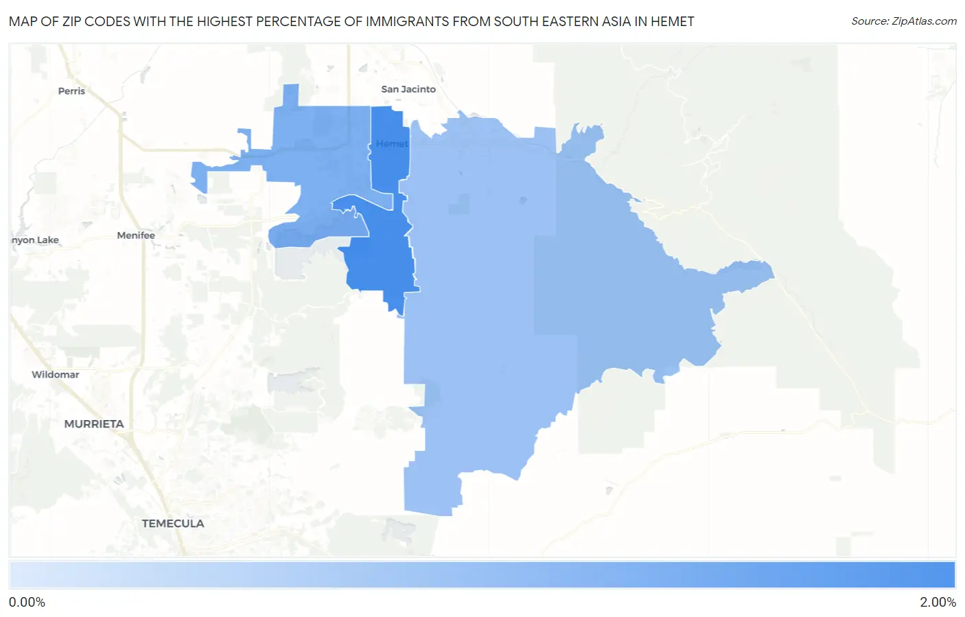 Zip Codes with the Highest Percentage of Immigrants from South Eastern Asia in Hemet Map