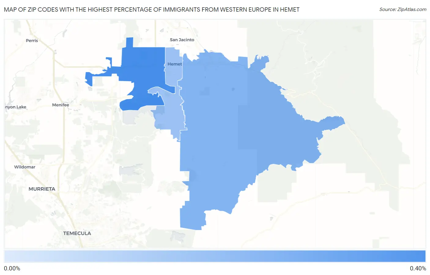 Zip Codes with the Highest Percentage of Immigrants from Western Europe in Hemet Map