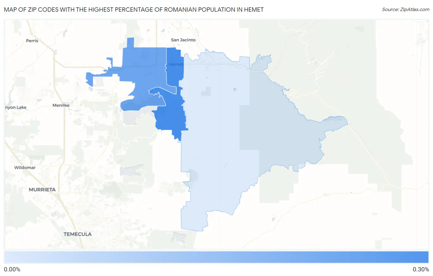 Zip Codes with the Highest Percentage of Romanian Population in Hemet Map
