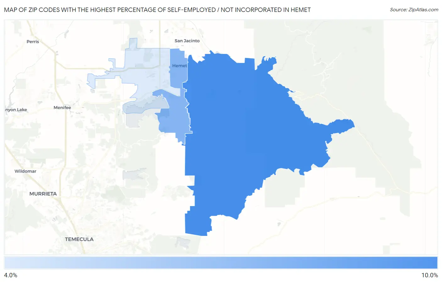 Zip Codes with the Highest Percentage of Self-Employed / Not Incorporated in Hemet Map