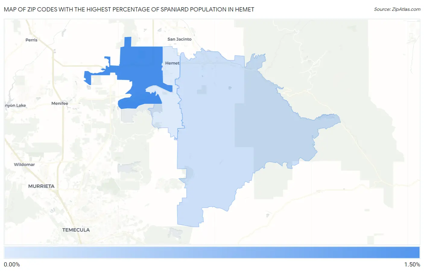 Zip Codes with the Highest Percentage of Spaniard Population in Hemet Map