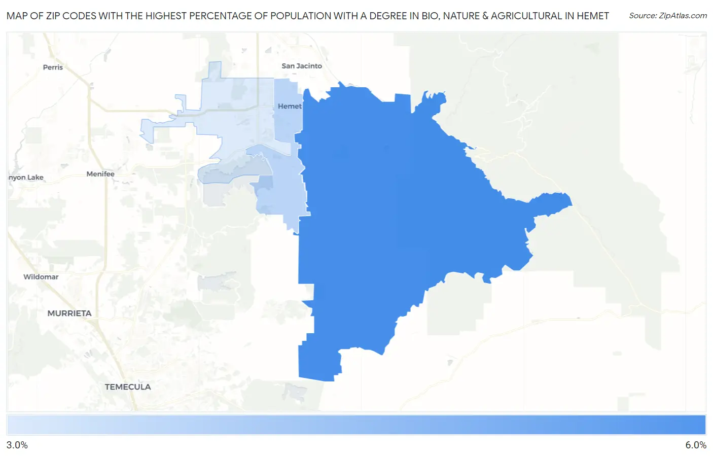 Zip Codes with the Highest Percentage of Population with a Degree in Bio, Nature & Agricultural in Hemet Map
