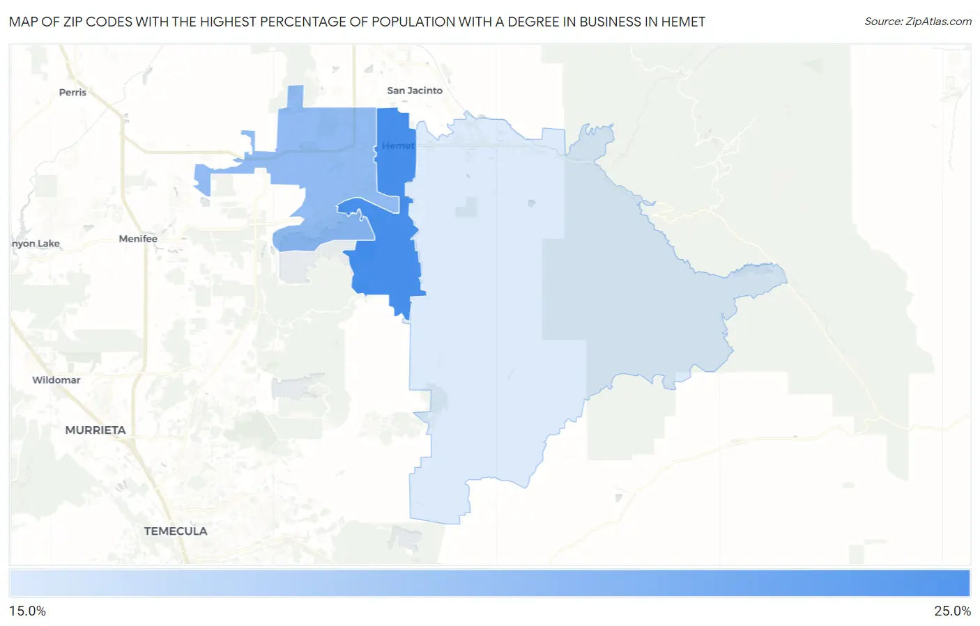 Zip Codes with the Highest Percentage of Population with a Degree in Business in Hemet Map