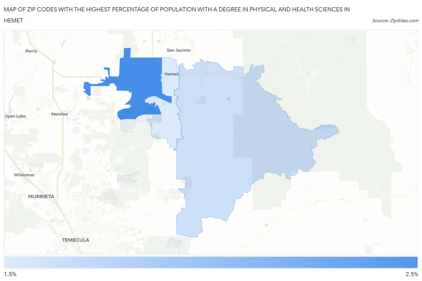 Zip Codes with the Highest Percentage of Population with a Degree in Physical and Health Sciences in Hemet Map