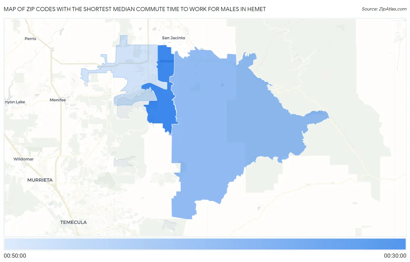 Zip Codes with the Shortest Median Commute Time to Work for Males in Hemet Map