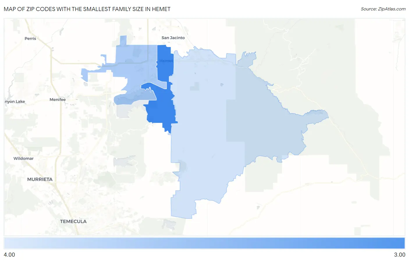 Zip Codes with the Smallest Family Size in Hemet Map