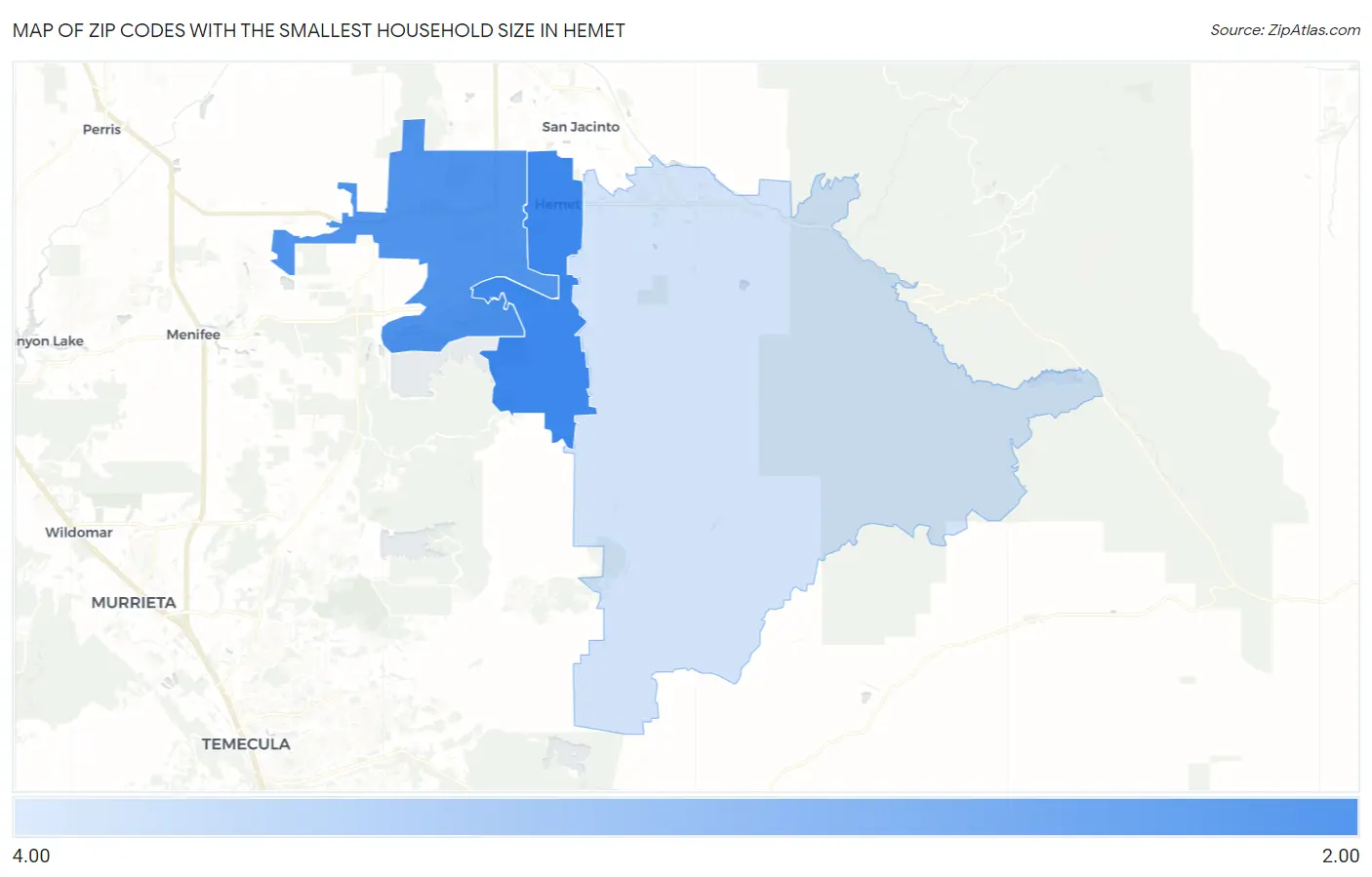 Zip Codes with the Smallest Household Size in Hemet Map