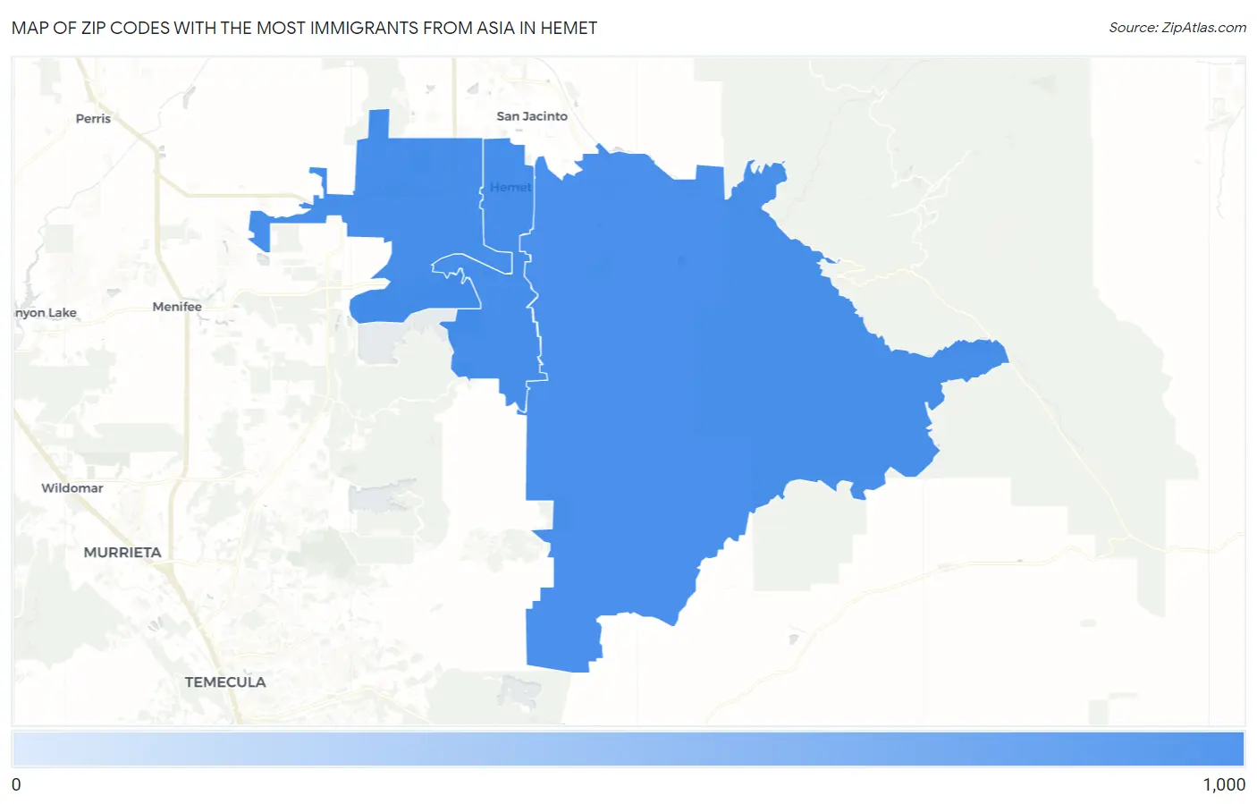 Zip Codes with the Most Immigrants from Asia in Hemet Map