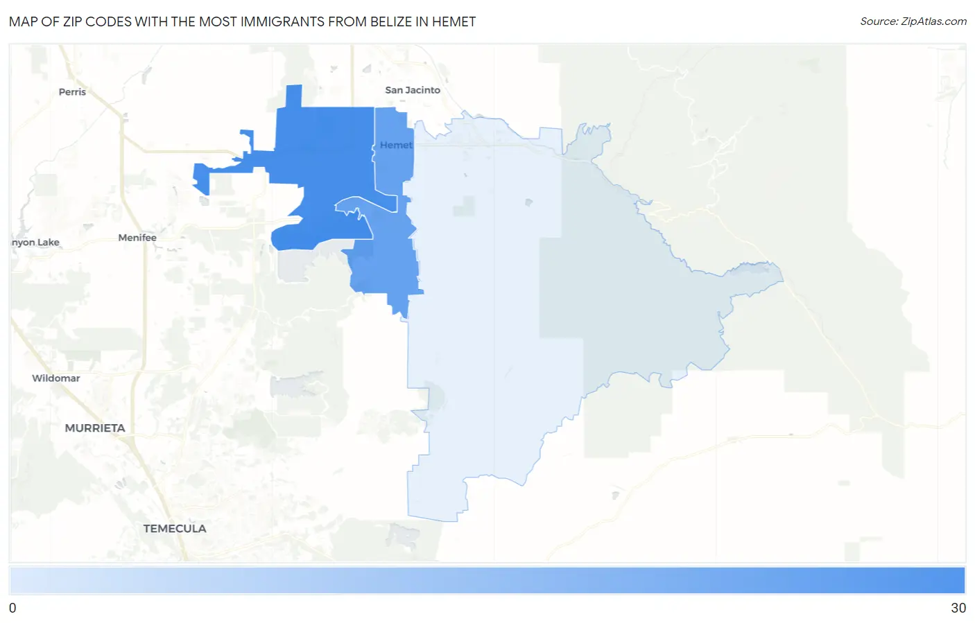 Zip Codes with the Most Immigrants from Belize in Hemet Map