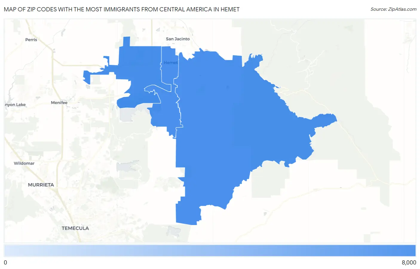 Zip Codes with the Most Immigrants from Central America in Hemet Map
