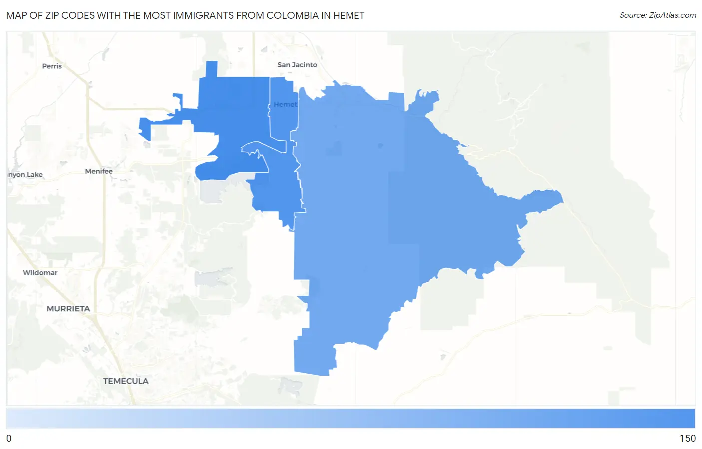 Zip Codes with the Most Immigrants from Colombia in Hemet Map