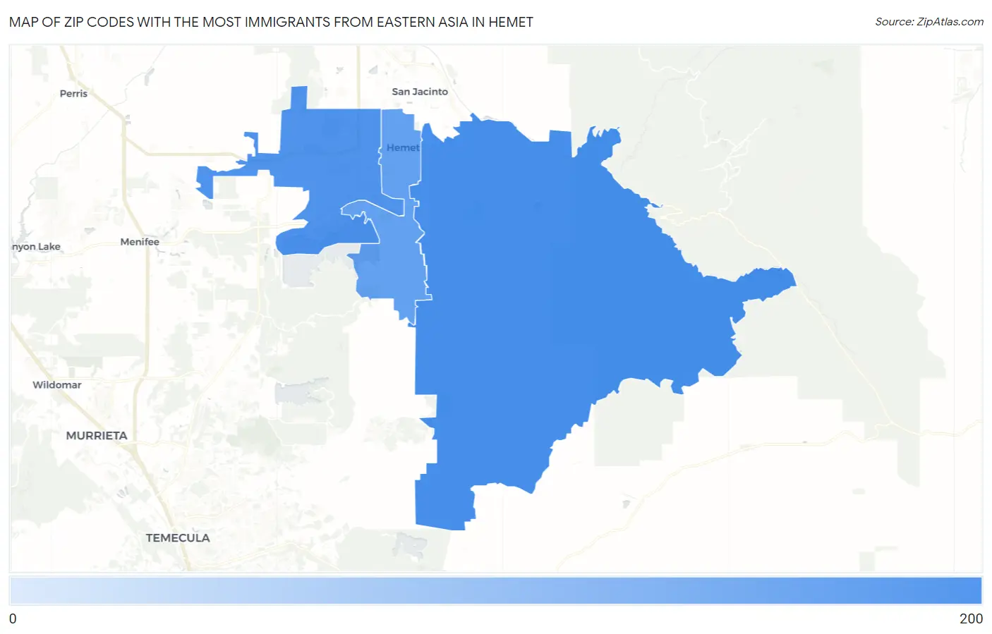 Zip Codes with the Most Immigrants from Eastern Asia in Hemet Map
