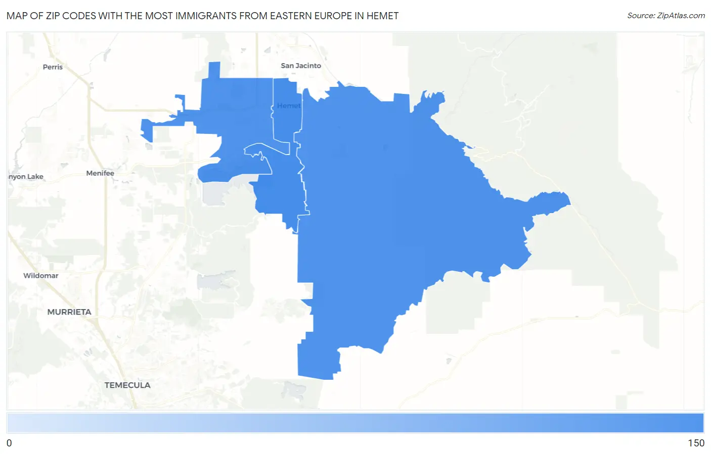 Zip Codes with the Most Immigrants from Eastern Europe in Hemet Map