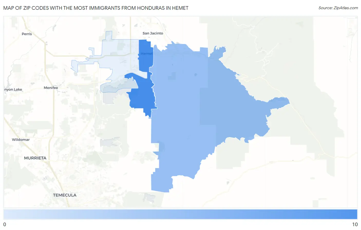 Zip Codes with the Most Immigrants from Honduras in Hemet Map