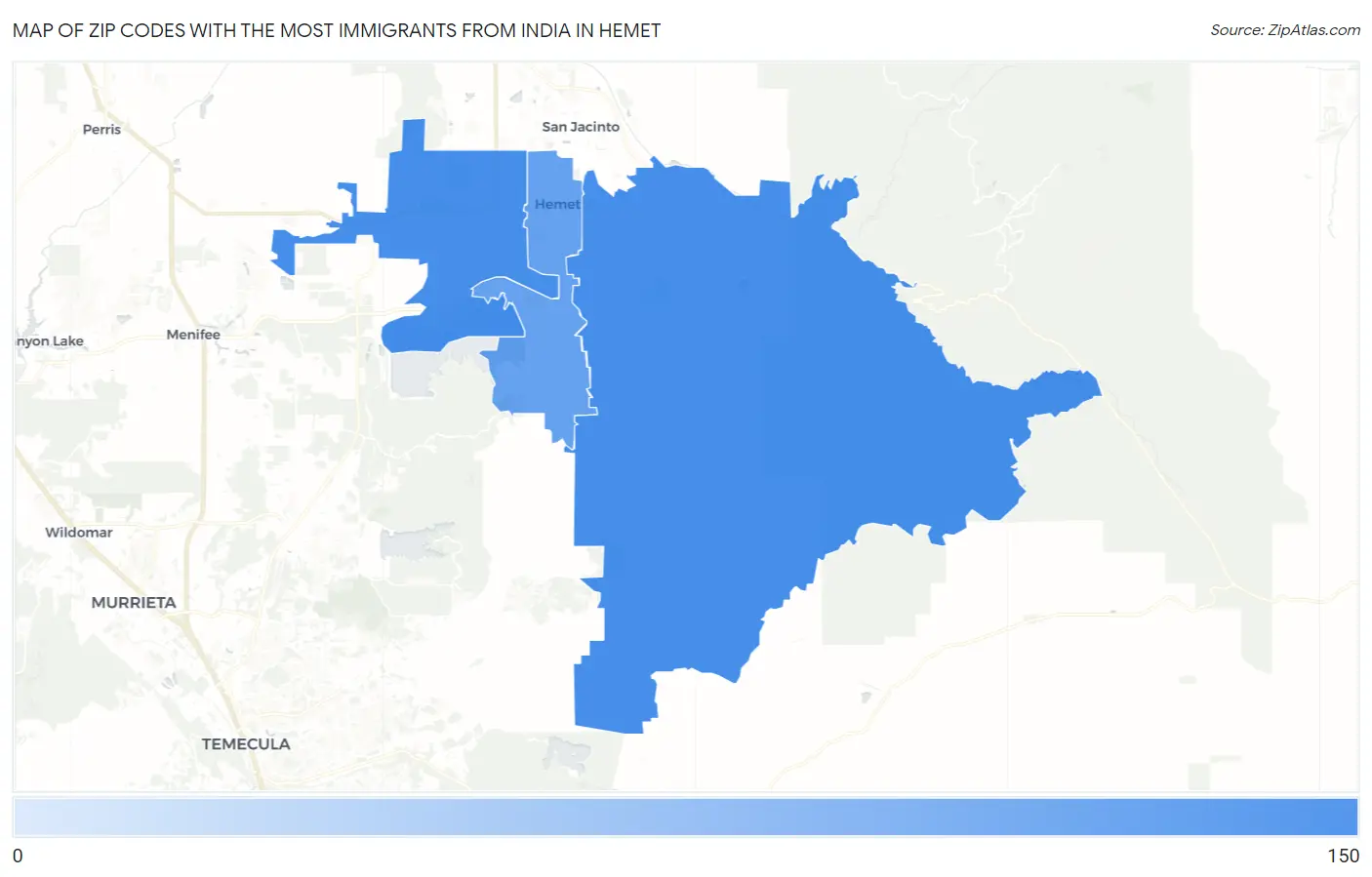 Zip Codes with the Most Immigrants from India in Hemet Map