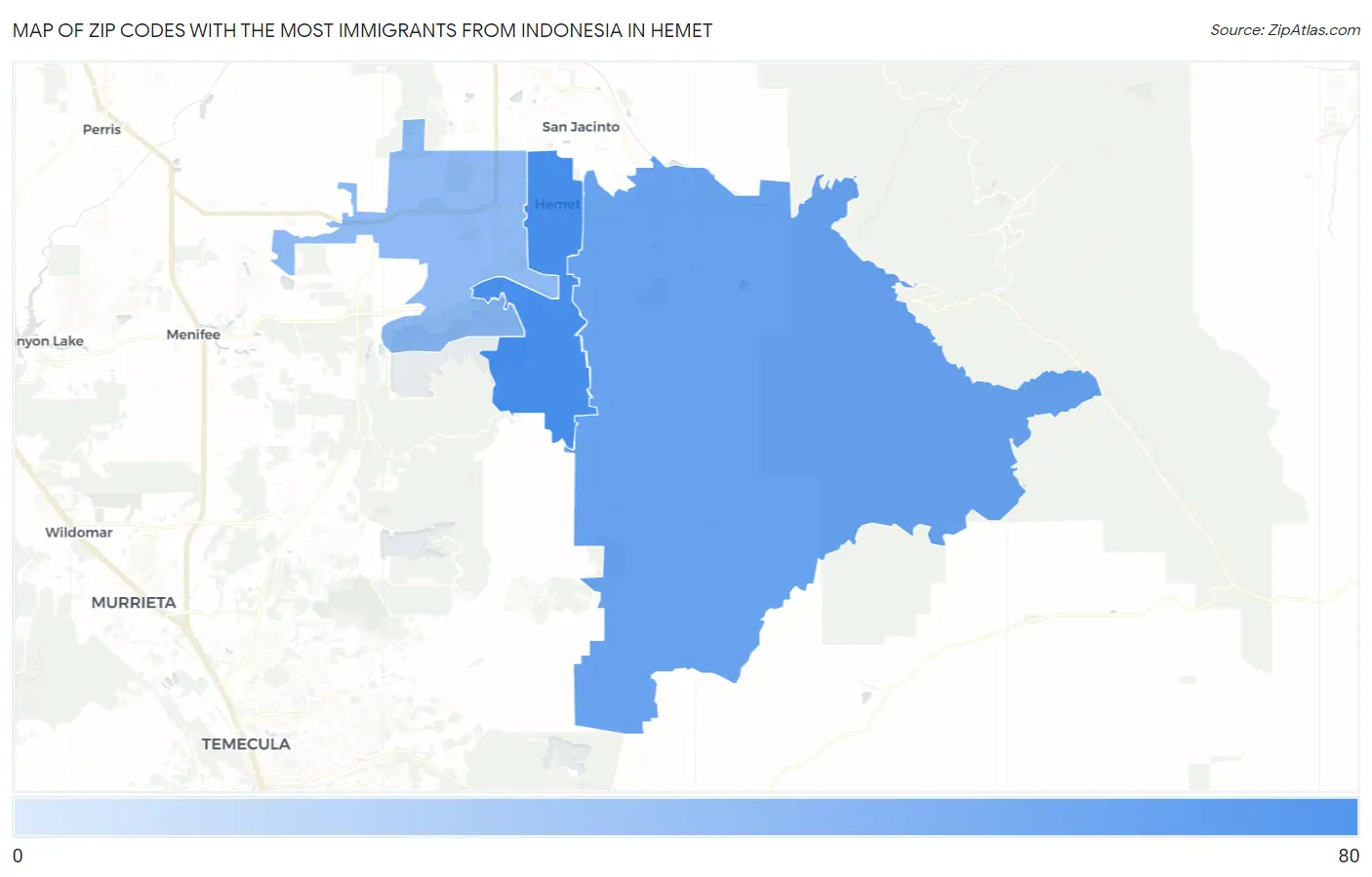 Zip Codes with the Most Immigrants from Indonesia in Hemet Map